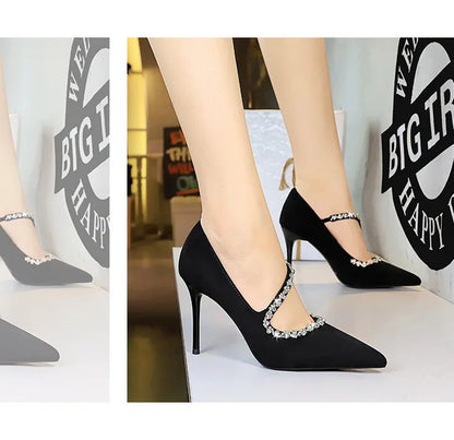 Gorgeous Women's Pumps Rhinestone Chain One Word Strap Design Fashion  Angola Red 10cm High Heels Ladies Nightclub Single Shoes - Prolificstore