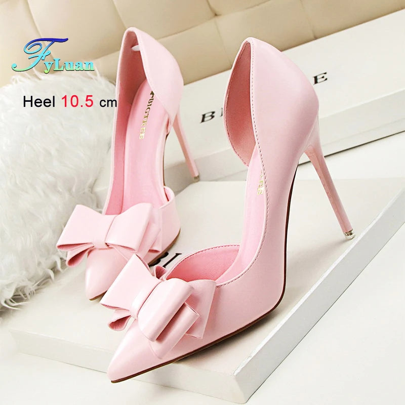 2025 High Heels 10.5cm Women's Shoes Side Hollowed Out Slim Heels Shallow Mouth Lady Pumps Butterfly-Knot Stiletto Banquet Shoes