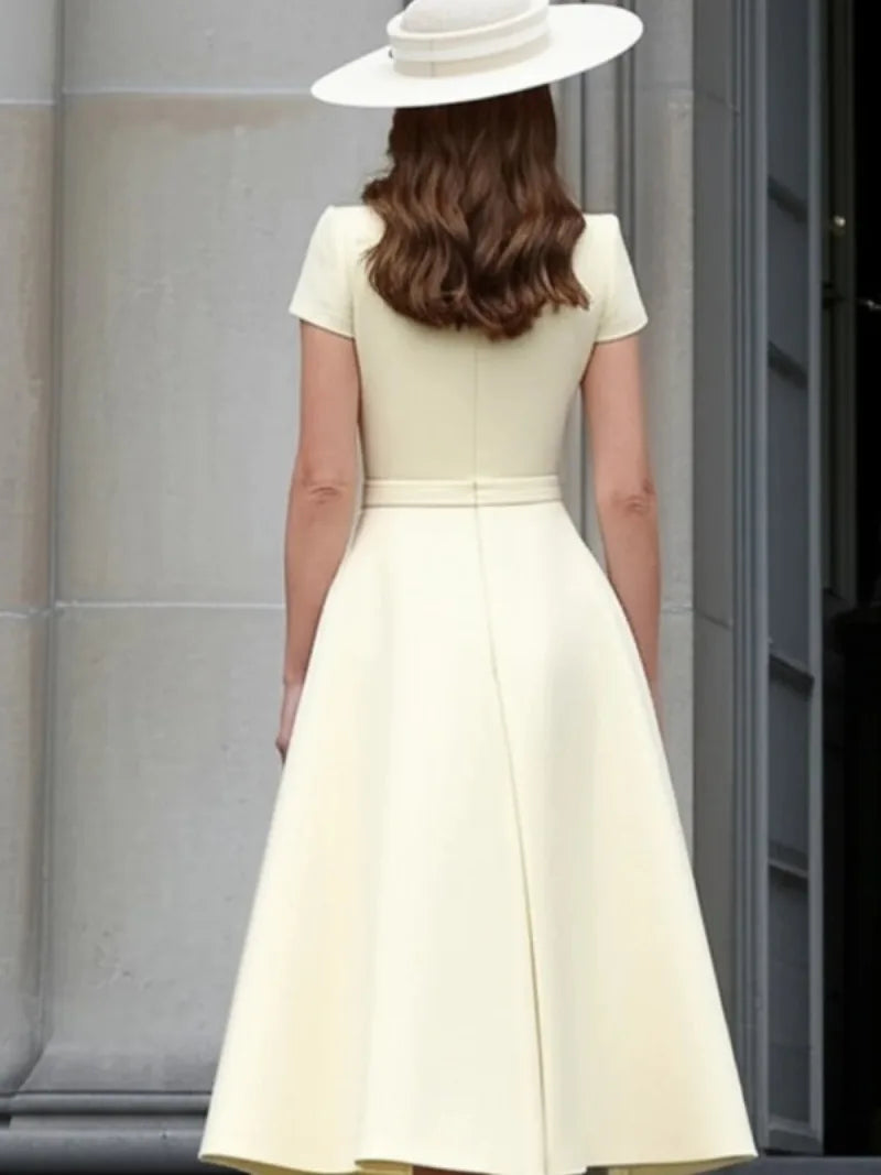 Formal Pleated Dresses Woman 2026 Spring Summer Apricot Short Sleeve High Waist Bridal Guest Elegant Long Dress 197365 - Prolificstore