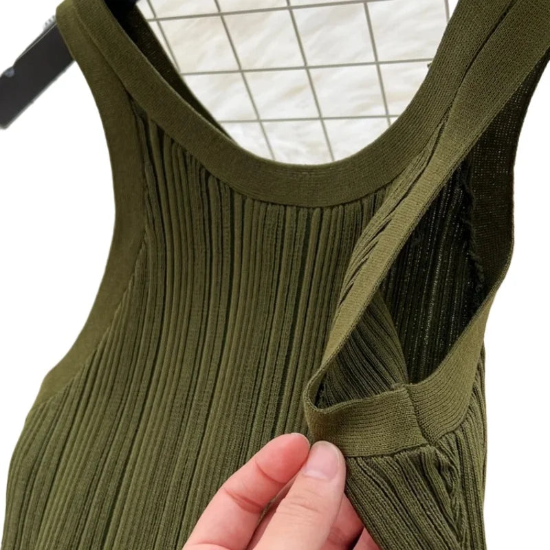 Women's Green Sleeveless Crew Neck Sundress Wave Textured Stretchy Knit Bodycon Maxi Dress Summer Daily Party Vacation Dress - Prolificstore