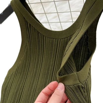Women's Green Sleeveless Crew Neck Sundress Wave Textured Stretchy Knit Bodycon Maxi Dress Summer Daily Party Vacation Dress - Prolificstore
