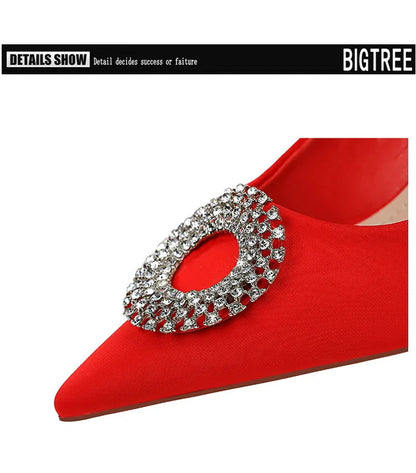 2025 New Shallow Mouth Women's Pumps Fashion Satin Rhinestone Round Buckle Stiletto Solid Color Pointed Sexy Ladies Single Shoes