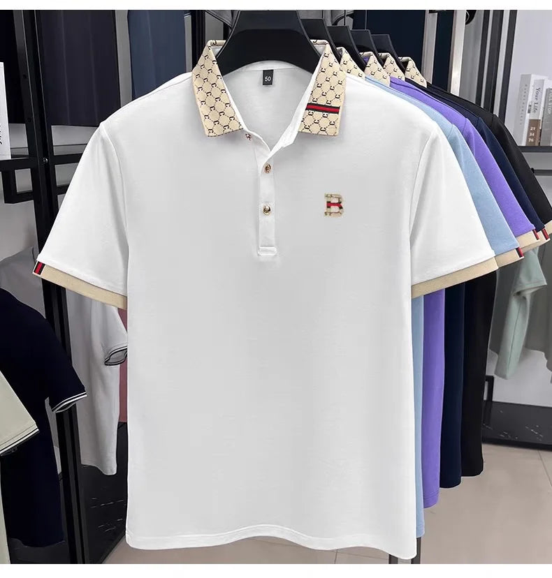 Luxury brand B letter embossed short sleeve polo shirt men summer lightweight breathable new fashion color blocked lapel T-shirt - Prolificstore