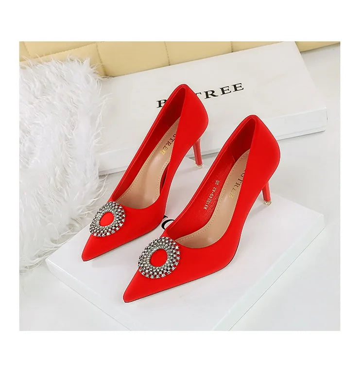 2025 New Shallow Mouth Women's Pumps Fashion Satin Rhinestone Round Buckle Stiletto Solid Color Pointed Sexy Ladies Single Shoes