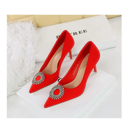 2025 New Shallow Mouth Women's Pumps Fashion Satin Rhinestone Round Buckle Stiletto Solid Color Pointed Sexy Ladies Single Shoes
