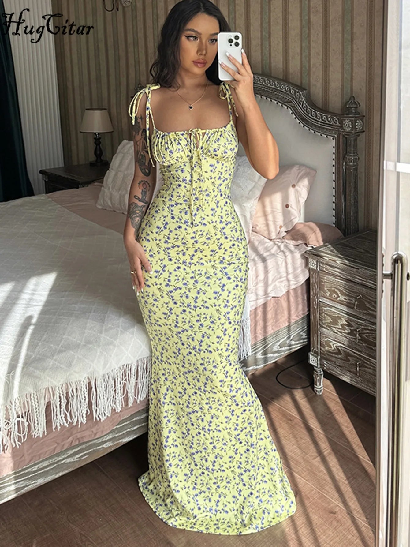 Hugcitar Women Elegant Floral Beach Vacation Bodycon Streetwear Long Dress 2026 Summer Clothes Wholesale Items For Business - Prolificstore