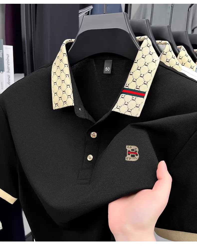 Luxury brand B letter embossed short sleeve polo shirt men summer lightweight breathable new fashion color blocked lapel T-shirt - Prolificstore