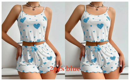 Women's Pajamas Set Sleepwear 2 PCS Short Tank Tops And Shorts S M L White Ventilate Soft Casual Love Printing - Prolificstore