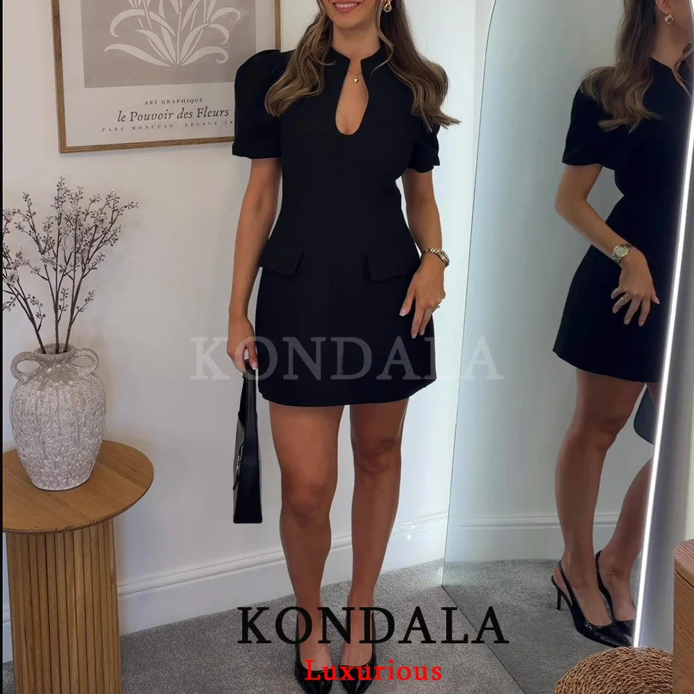 KONDALA Elegant Holiday Chic Women Mini Dress Black O-Neck Zipper Short Puff Sleeve Dress Fashion 2026 Spring Summer Party Dress - Prolificstore