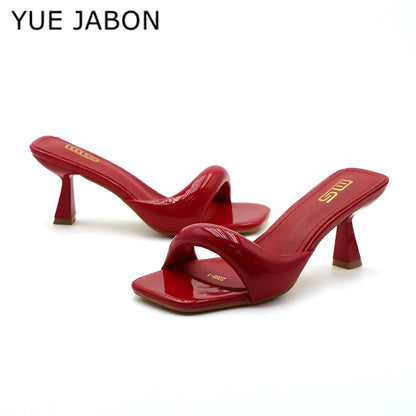 Black Red High Heel Slippers Women Open Toe Slingback Sandals Female Pumps Square Toe Summer Simple Designer Heeled Sandals - Prolificstore