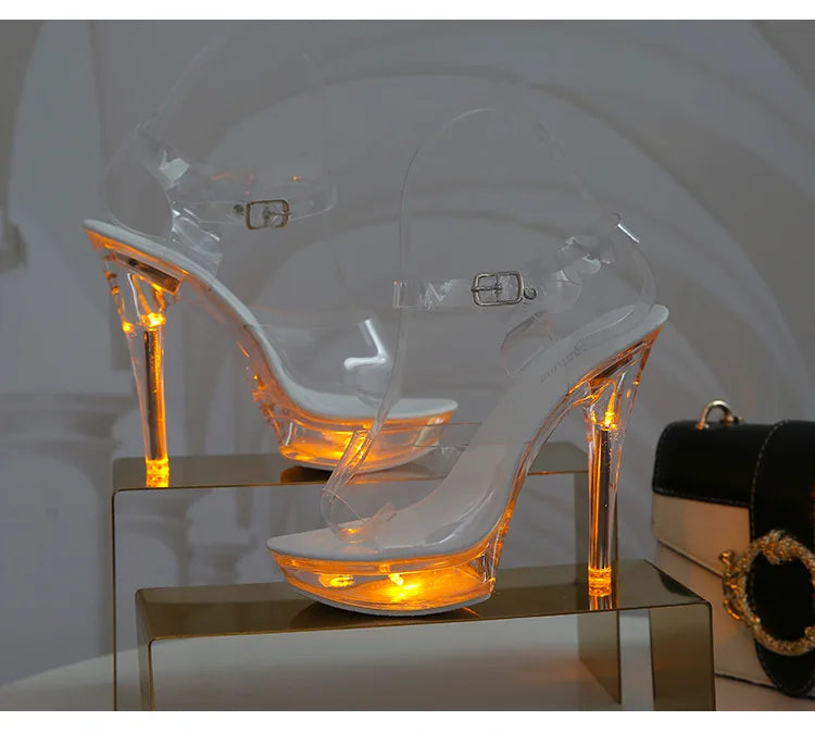 Summer Led Illuminated Women Slippers Super High Heel 13cm Crystal Ankle Buckle Sandals Transparent Platform Female Party Shoes
