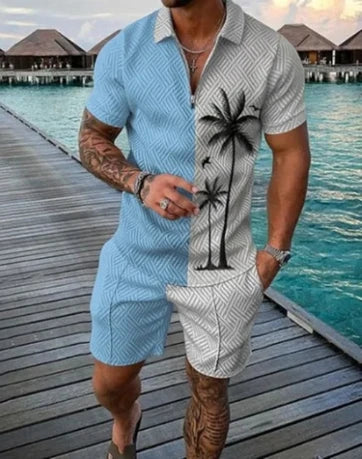 Summer New Men's 3D Printing Short Sleeve Zipper Polo Shirt Shorts Set  Men Casual  2-piece Vacation Beach Set - Prolificstore