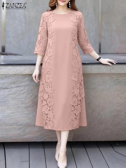 ZANZEA Women Stylish Lace Patchwork Dresses 2025 Autumn 3/4 Sleeve Office Sundress Embroidered Midi Robe Elegant Party Dress - Prolificstore