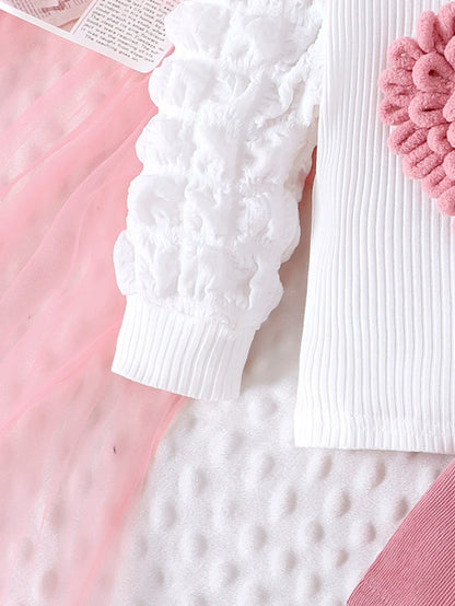2PCS Winter New Style For 0-3 Year Old Girls, Comfortable Sweet And Cute Bubble Sleeves, Love Chapter Top + Pink Short Skirt Set