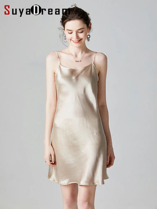 SuyaDream Woman Mini Dress 19mm 100%Real Silk Sleeveless Solid Spaghetti Strap Sleep Dresses 2025 Elegant Chic Clothes - Prolificstore