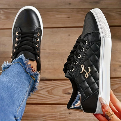 Fashion Lightweight Women's Sneakers - Black, White and Gold Embellished, Lace-Up Low-Top Casual Shoes for All Seasons - Prolificstore