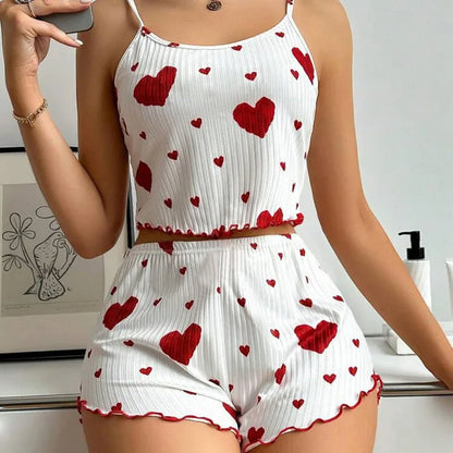 Women's Pajamas Set Sleepwear 2 PCS Short Tank Tops And Shorts S M L White Ventilate Soft Casual Love Printing - Prolificstore