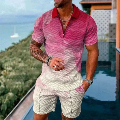 Summer New Men's 3D Printing Short Sleeve Zipper Polo Shirt Shorts Set  Men Casual  2-piece Vacation Beach Set - Prolificstore