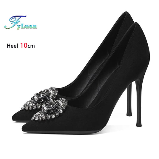 Black Velvet Womens High Heels Elegant Stiletto Pointed Toe Cover Heel Round Flower Pumps Rhinestone Satin Spring Autumn Shoes