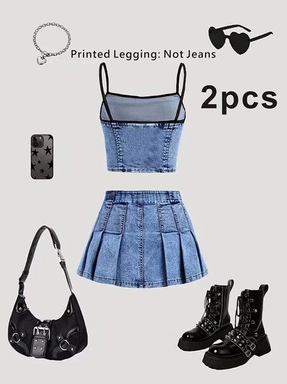 Girls 2-Piece Faux Denim Outfit – Denim Print Cami Crop Top & Pleated Mini Skirt Set (Non-Denim Fabric)