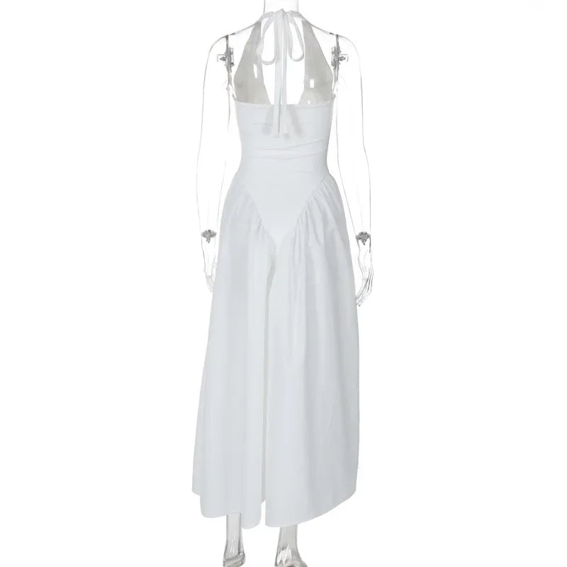Talenza Backless Deep V Spliced Long Dress Summer Women's Sexy Party Dress Halter New Fashion Slim White Sleeveless Long Dress