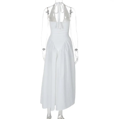Talenza Backless Deep V Spliced Long Dress Summer Women's Sexy Party Dress Halter New Fashion Slim White Sleeveless Long Dress