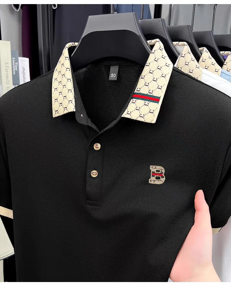 Luxury brand B letter embossed short sleeve polo shirt men summer lightweight breathable new fashion color blocked lapel T-shirt - Prolificstore