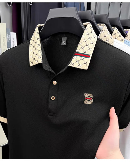 Luxury brand B letter embossed short sleeve polo shirt men summer lightweight breathable new fashion color blocked lapel T-shirt - Prolificstore