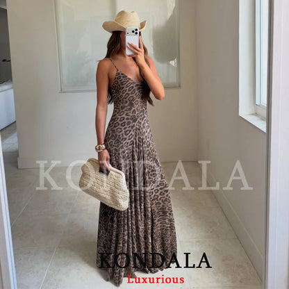 KONDALA Vintage Sexy Women Long Cami Chiffon Dress Leopard Beach Holiday Party Dress Fashion 2026 Spring Summer Elegant Dress - Prolificstore