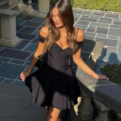 Dulzura Off Shoulder Backless Zipper Slip Puffy Mini Dress Women'S Fashion Sexy Elegant Clothes Party Prom Spring Summer Outfit