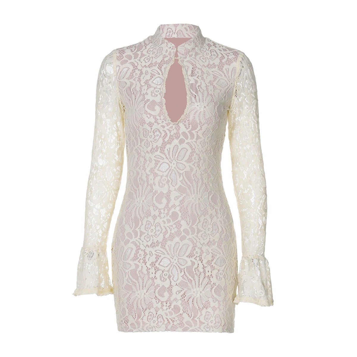 Hugcitar Turtleneck Long Flare Sleeve Patchwork Lace Hollow Out Button Sexy Mini Dress 2025 Spring Women Clothes Party Nightclub - Prolificstore