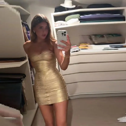 Women Trendy Sexy Gold Tight Short Dresses Luxury Off Shoulder Backless Strapless V-neck Mini Skirt New Outfit Party Date Dress