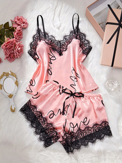 Women‘s Milk Silk Pajamas Set Summer Sleeveless Yellow Heart Print Lace Trim Soft Summer Sleepwear Lounge Sets Nightwear - Prolificstore