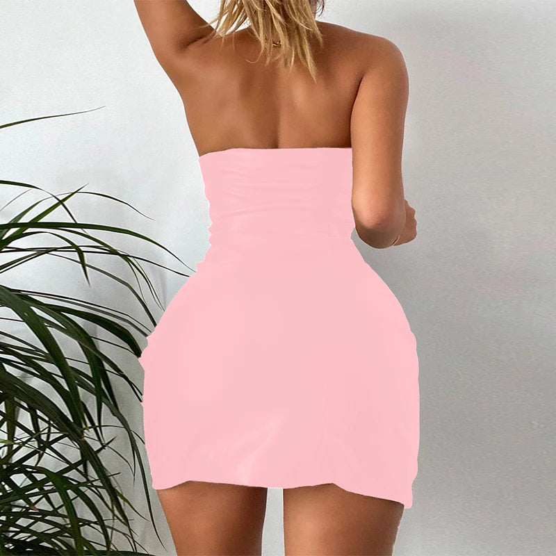 Hugcitar Pu Faux Leather Tube Mini Dress For Women Bodycon Sexy Streetwear Party Club Y2K Clothing Outfits Festival - Prolificstore