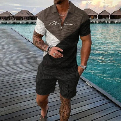 Summer New Men's 3D Printing Short Sleeve Zipper Polo Shirt Shorts Set  Men Casual  2-piece Vacation Beach Set - Prolificstore