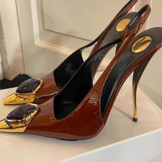 Ladies' Elegant Retro Pointed-toe Shallow Mouth Gemstone High-heeled New Metal Patent Leather One-strap Heel Sandals - Prolificstore