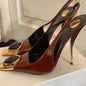 Ladies' Elegant Retro Pointed-toe Shallow Mouth Gemstone High-heeled New Metal Patent Leather One-strap Heel Sandals