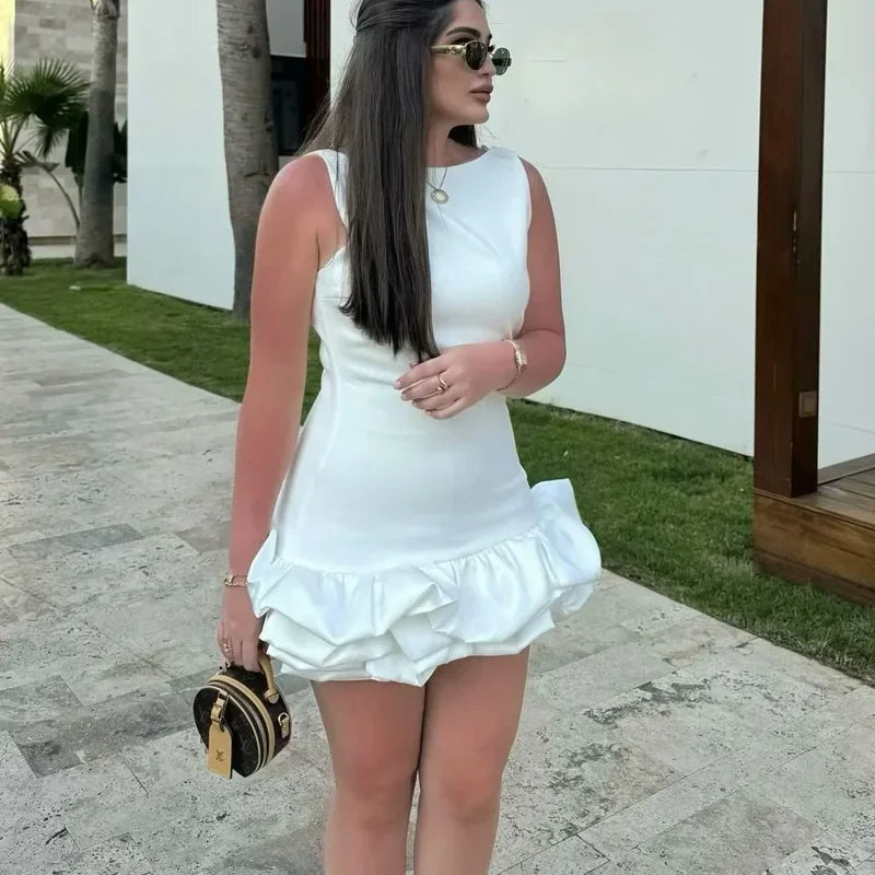 HXAO White Short Dress Women's Ruffle Backless Party Dresses Black Red Sleeveless Bodycon Mini Dress Woman Summer Sexy Vestidos - Prolificstore
