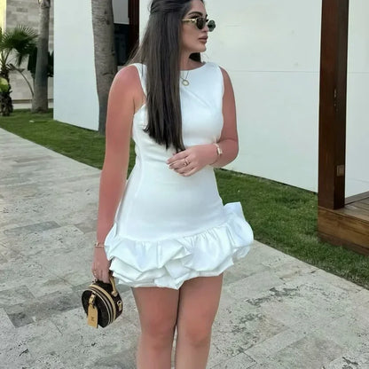 HXAO White Short Dress Women's Ruffle Backless Party Dresses Black Red Sleeveless Bodycon Mini Dress Woman Summer Sexy Vestidos