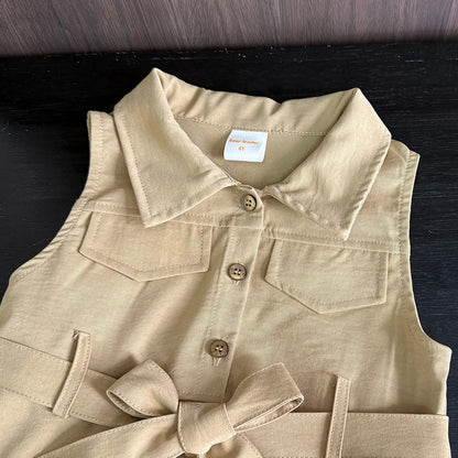Bear Leader Fashion Girls Windbreak Dresses Summer Sleeveless Work Outfits with Waistband Solid Color Kids Clothes