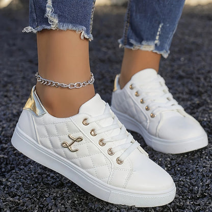 Fashion Lightweight Women's Sneakers - Black, White and Gold Embellished, Lace-Up Low-Top Casual Shoes for All Seasons - Prolificstore