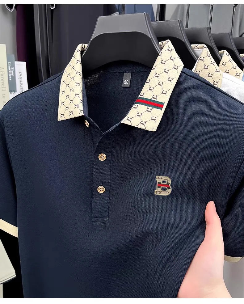 Luxury brand B letter embossed short sleeve polo shirt men summer lightweight breathable new fashion color blocked lapel T-shirt - Prolificstore