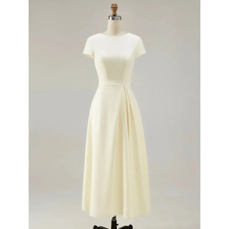 Formal Pleated Dresses Woman 2026 Spring Summer Apricot Short Sleeve High Waist Bridal Guest Elegant Long Dress 197365 - Prolificstore