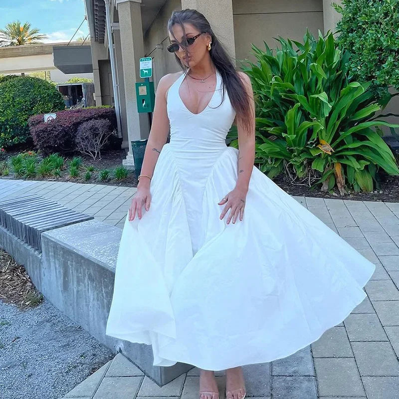 Talenza Backless Deep V Spliced Long Dress Summer Women's Sexy Party Dress Halter New Fashion Slim White Sleeveless Long Dress