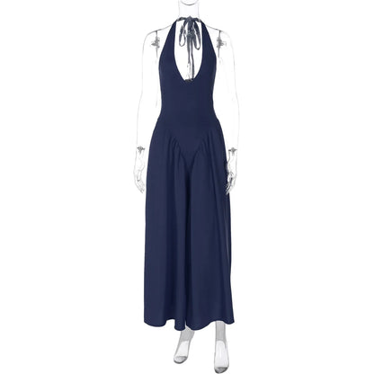 Talenza Backless Deep V Spliced Long Dress Summer Women's Sexy Party Dress Halter New Fashion Slim White Sleeveless Long Dress