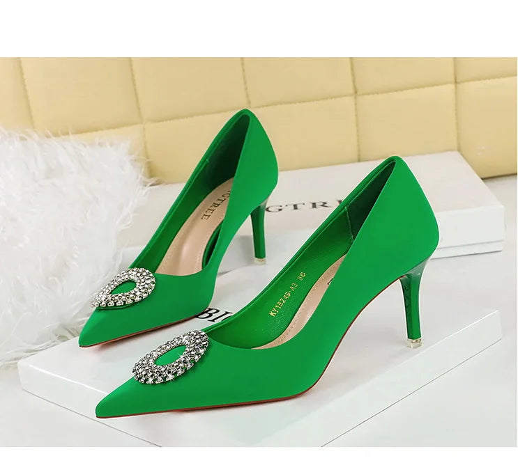 2025 New Shallow Mouth Women's Pumps Fashion Satin Rhinestone Round Buckle Stiletto Solid Color Pointed Sexy Ladies Single Shoes