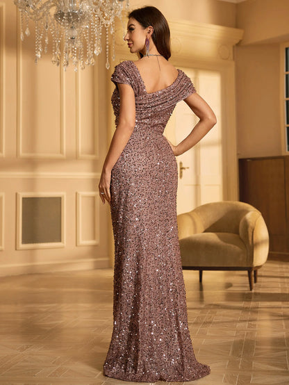 Unithorse Women’s One Shoulder Draped Sleeveless Long Floor-Length Glitter Sequin Formal Evening Dress