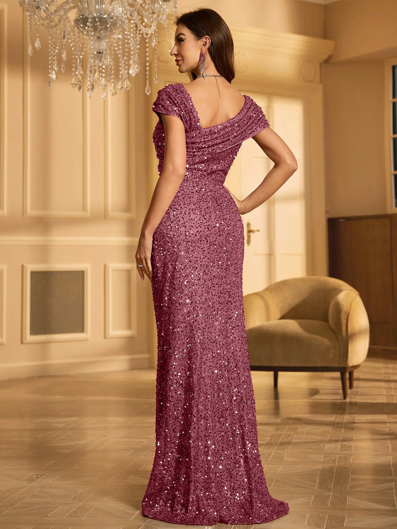 Unithorse Women’s One Shoulder Draped Sleeveless Long Floor-Length Glitter Sequin Formal Evening Dress