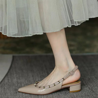 Women Real Leather Shiny Back Buckle Strap Fashionable Sandals European And American Style Trendy Shoes Closed Toe Gold Studs 42