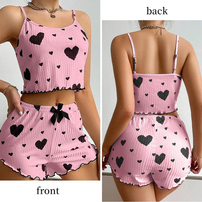 Women's Pajamas Set Sleepwear 2 PCS Short Tank Tops And Shorts S M L White Ventilate Soft Casual Love Printing - Prolificstore